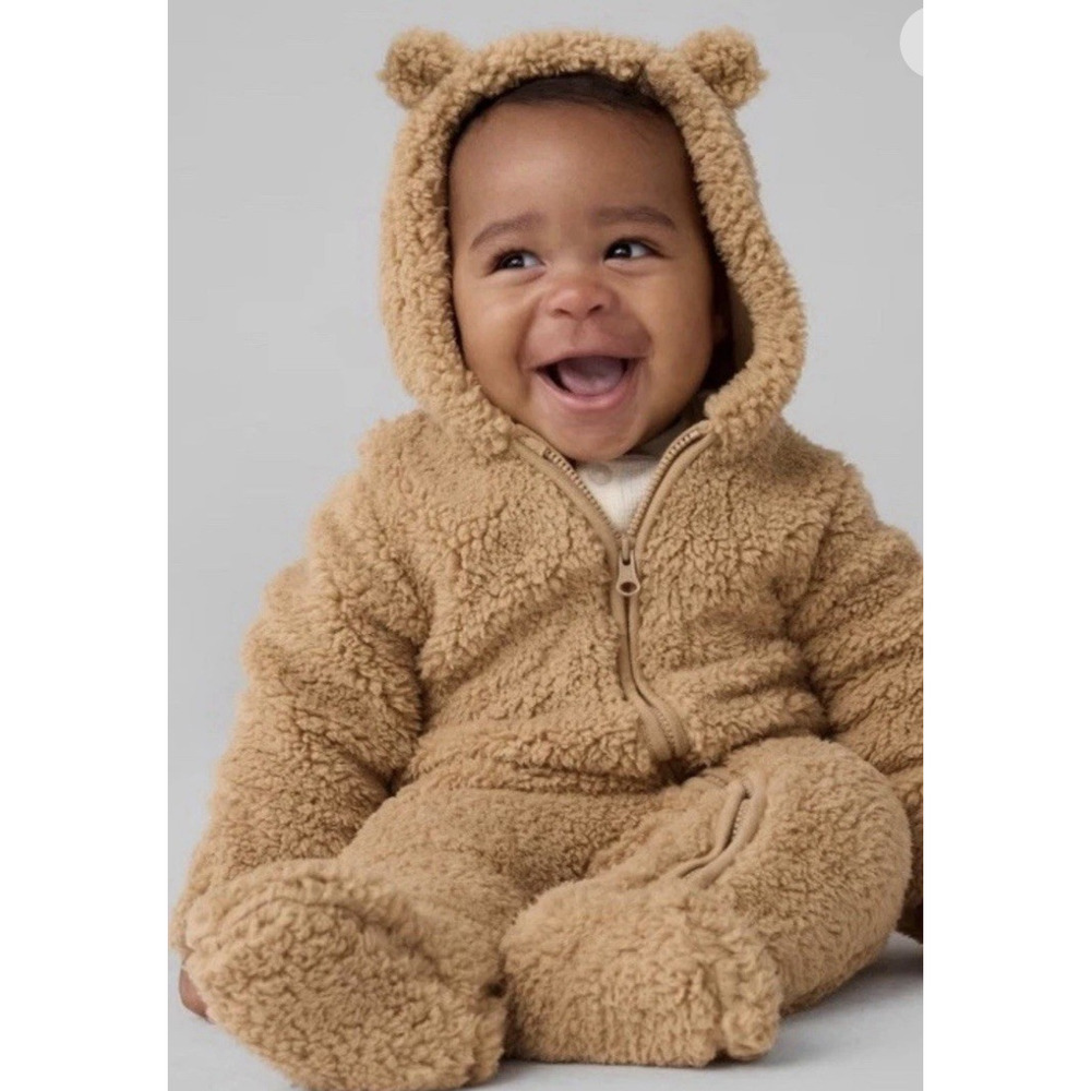Baby Gap Teddy Sherpa One Piece 6 To 12 Mo Brown Bear Ear Appliqué Hood Cozy